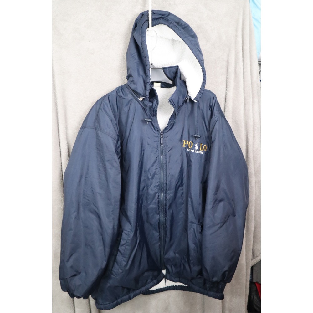 Polo Ralph Lauren Vintage Navy Sherpa Lined Hooded Jacket XL Embroidered Logo
